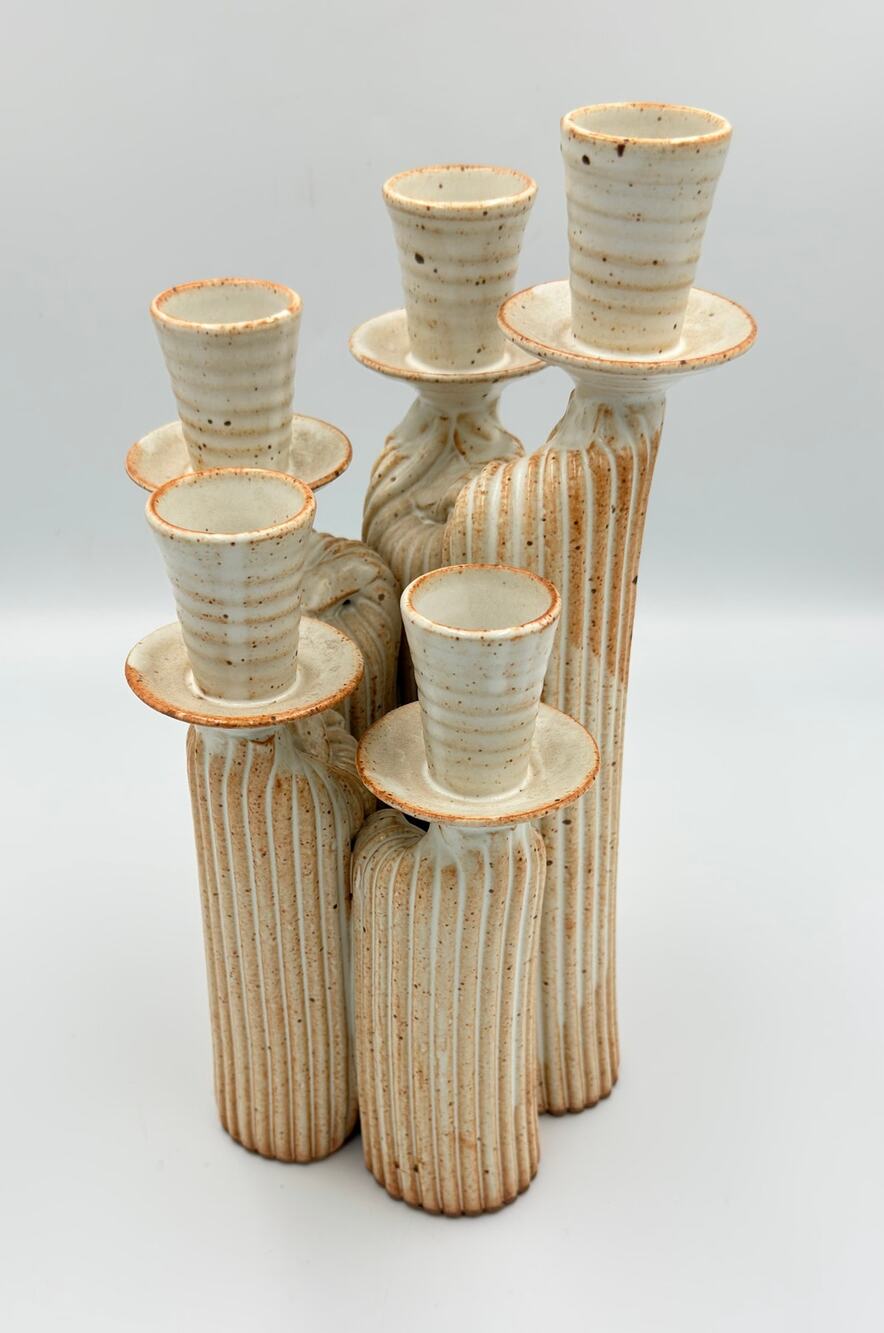 Modernist Studio Pottery Speckled Ceramic Candelabra 5 Figures Candlesticks 10''
